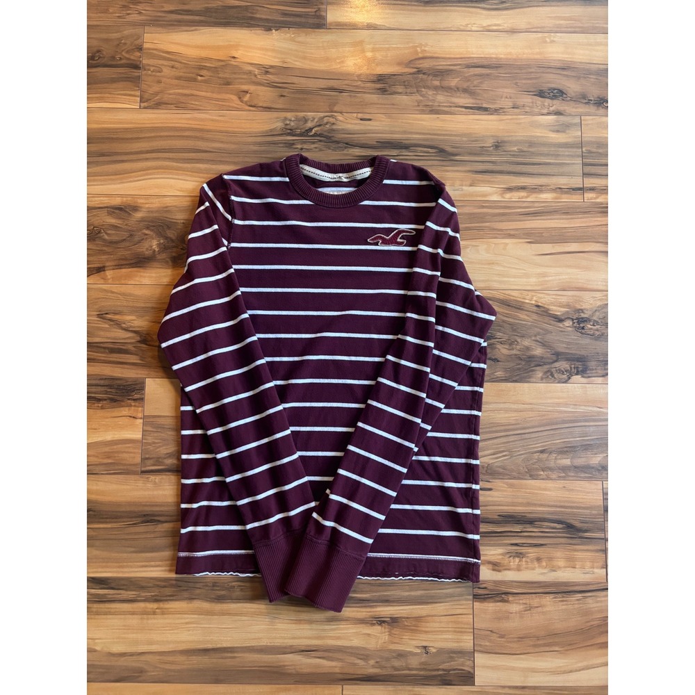 Hollister Mens Long Sleeve Striped Crewneck Shirt Burgundy White Large